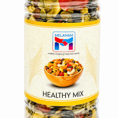 Melanam Healthy Mix is a thoughtfully crafted blend of premium nuts, seeds and dried fruits designed to give you the perfect combination of taste and nutrition. This ready-to-eat superfood trail mix brings together cashews, almonds, cranberries, cherries, pumpkin seeds, sunflower seeds, black kismish and green kismish in one convenient pack. If you are looking for a clean, wholesome and energising snack, Melanam Healthy Mix is an excellent daily choice. Every ingredient in Melanam Healthy Mix is carefully selected to deliver balanced nutrition without any artificial additives. The natural sweetness of dried berries and raisins pairs beautifully with the rich crunch of nuts and seeds, creating a flavourful mix that satisfies both sweet and savoury cravings. Why Choose Melanam Healthy Mix? Unlike regular packaged snacks that are high in refined sugar and unhealthy fats, Melanam Healthy Mix focuses on whole-food ingredients. With 12.82 g protein and an impressive 10.38 g dietary fibre per 100 g, this mix supports better digestion, sustained energy and overall wellness. It is completely gluten-free, low in fat and free from cholesterol, making it suitable for a wide range of dietary needs. This Healthy Mix works perfectly as a morning energy booster, mid-day office snack, post-workout bite, travel companion or evening munch with tea. It is also a great option for school tiffin boxes and healthy gifting. Key Benefits of Healthy Mix High dietary fibre (10.38 g per 100 g) for better digestion Good source of plant protein (12.82 g per 100 g) Naturally gluten-free Low in fat and free from cholesterol Rich in essential minerals like iron, magnesium, potassium and phosphorus No artificial colours, flavours or preservatives Perfect balance of nuts, seeds and dried fruits Ready-to-eat and convenient for daily use Nutritional Information of Melanam Healthy Mix Per 100 g (approximate values): Energy – 372 kcal Total Fat – 1.69 g Trans Fat – BLQ Cholesterol – BLQ Carbohydrates – 82.49 g Dietary Fibre – 10.38 g Protein – 12.82 g Sodium – 5.21 mg Iron – 27 mg Magnesium – 116.9 mg Phosphorus – 0.25 g Potassium – 435 mg Calcium – 0.05 g One serving provides a balanced mix of energy, protein and fibre, making it ideal for mindful snacking throughout the day. Ingredients of Healthy Mix Cashew, Almonds, Cranberry, Cherry, Pumpkin Seed, Sunflower Seed, Black Kismish, Green Kismish How to Enjoy Melanam Healthy Mix Enjoy it straight from the pack as a quick snack. You can also add Melanam Healthy Mix to your morning oatmeal, yogurt, smoothie bowls or salads for extra crunch and nutrition. It tastes great when mixed with other dry fruits or used as a topping on desserts. For a refreshing twist, pair it with buttermilk or fresh fruit. Storage Tips for Healthy Mix Store in a cool, dry place away from direct sunlight and moisture. Always keep the pack tightly sealed after opening to maintain freshness and crunch. Once opened, consume within a few weeks for the best taste and texture. Who Should Buy Melanam Healthy Mix? Melanam Healthy Mix is ideal for health-conscious individuals, fitness enthusiasts, busy professionals, students, homemakers and parents looking for better snack options for the family. It is also suitable for people following a gluten-free diet or those who prefer clean-label products. Melanam believes in “A Perfect Fusion of Taste and Health”. With every pack of Healthy Mix, you get premium-quality ingredients that support your wellness goals without compromising on flavour. Order your pack of Melanam Healthy Mix today and make healthy snacking simple, delicious and convenient. Whether for daily use or special occasions, this superfood trail mix never disappoints. For more premium dry fruits and healthy snacks, explore our complete range of morning snacks and dry fruits. You can also learn more about the benefits of mixed nuts and seeds from reliable sources such as Wikipedia. Discover more Melanam products in our dry fruits collection and healthy snacks section.