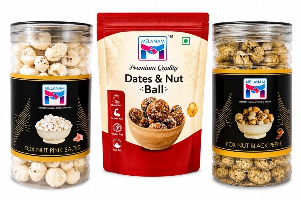 Fasting Combo – Dates Nut Ball | Roasted Makhana Pink Salt & Black Pepper Fox Nuts | Vrat Snacks Combo | 150g + 2x70g