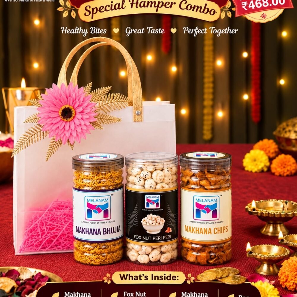Melanam Healthy Snack Gift Pack – Edamame Peri Peri, Murukku Chia & Makhana Hing Jeera