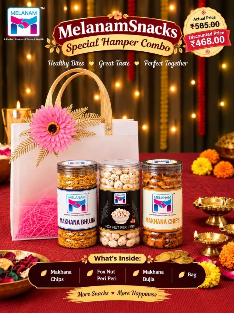 Melanam Healthy Snack Gift Pack – Edamame Peri Peri, Murukku Chia & Makhana Hing Jeera